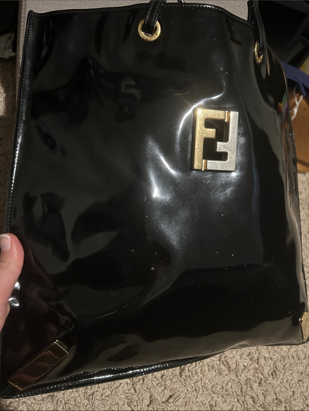 Fendi Black Patent Tote Bag with pouch - Picture 3 of 16